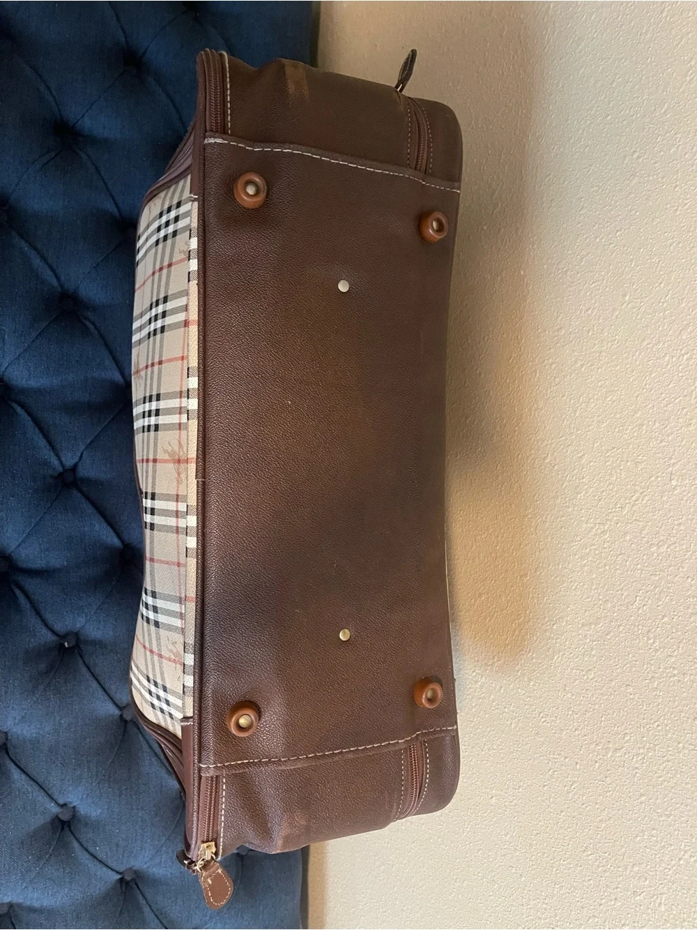 Burberry Beige/Tan Plaid Leather Trim Travel Briefcase